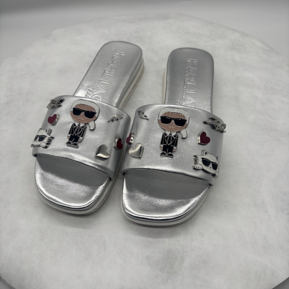 Karl Lagerfeld Silver Slide Sandals with Cartoon Design Size 6.5